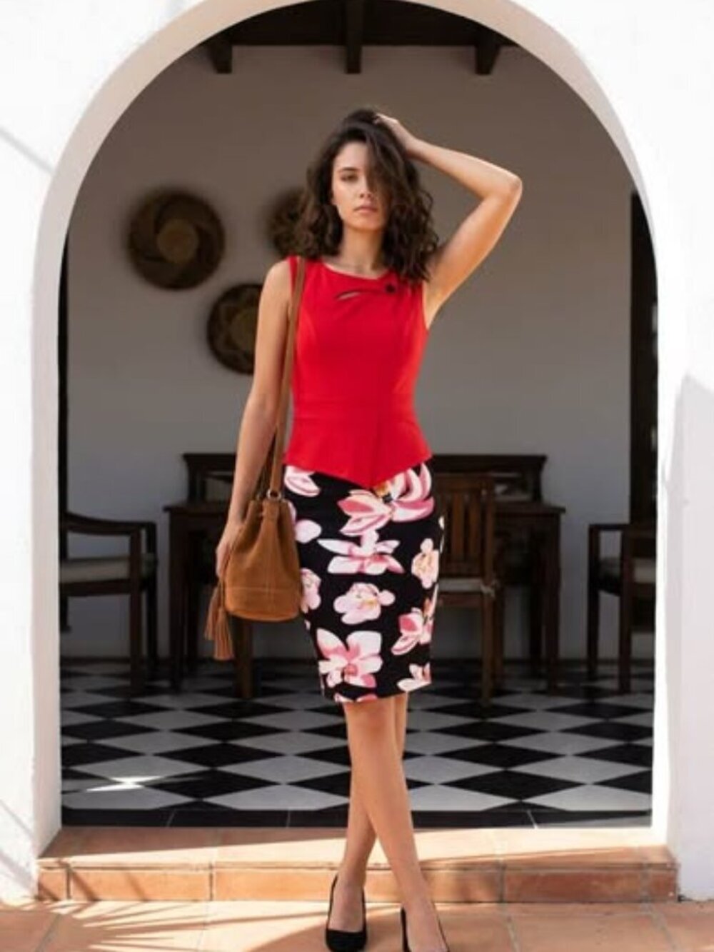 Homeyee Women's Red Floral Sheath Dress Sleeveless Office Career Size S NWT